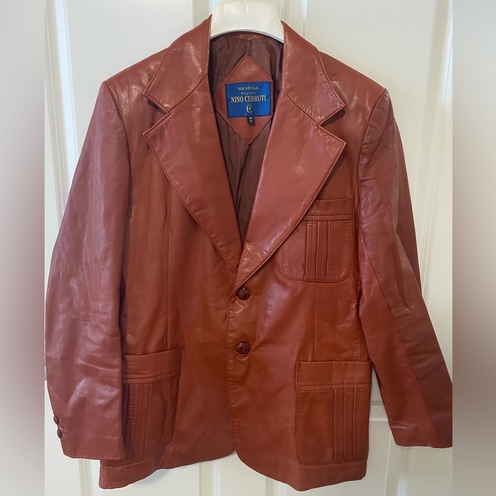 Nino Cerruti by Rue Royale Vintage Leather 1970s Mens Sports Coat Rust Jacket - Picture 2 of 10